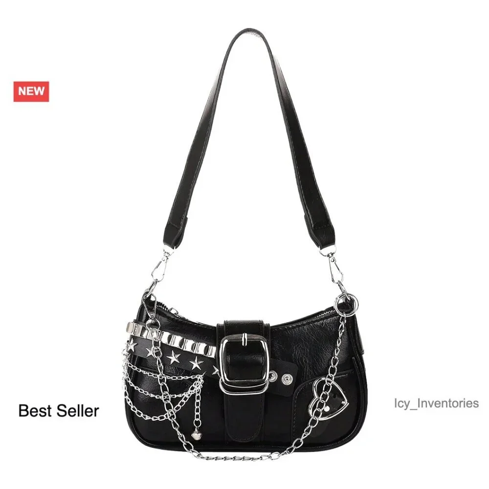 Y2K Star Embroidery Hobo Bag Mini Chain Shoulder Bag PU Leather Handbag
